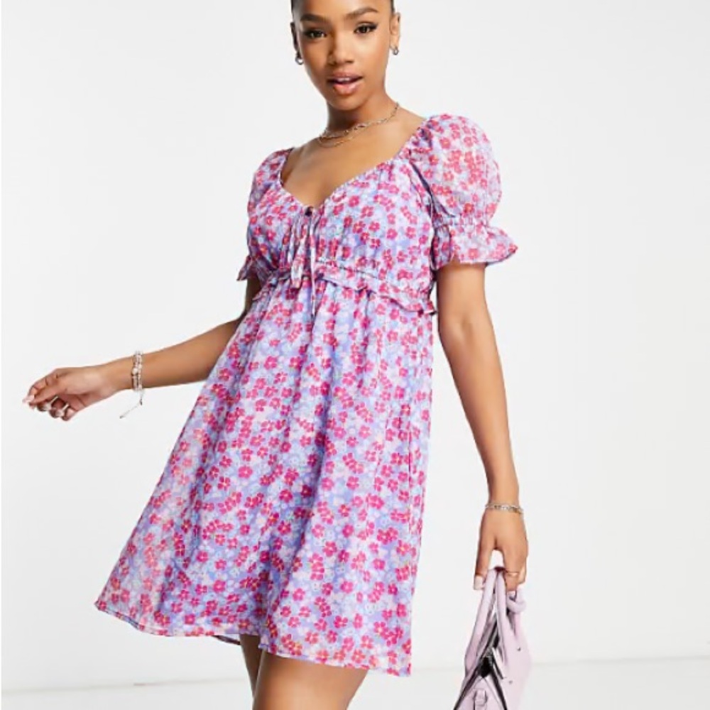 ASOS Women’s Pink Purple Floral Puff-Sleeve Dress